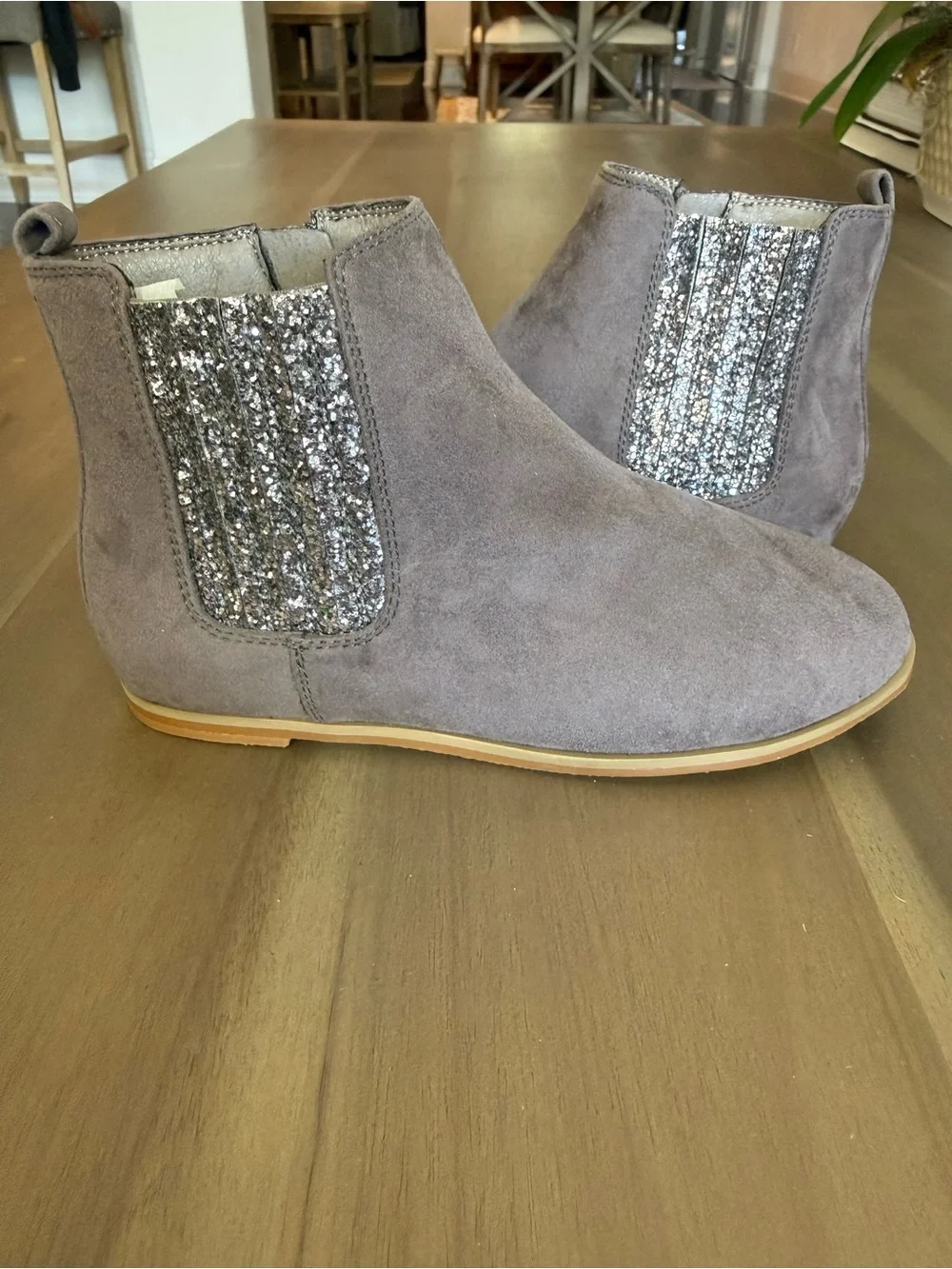Yosi Samra Girls Gray Chelsea Boots with Silver Glitter Panels